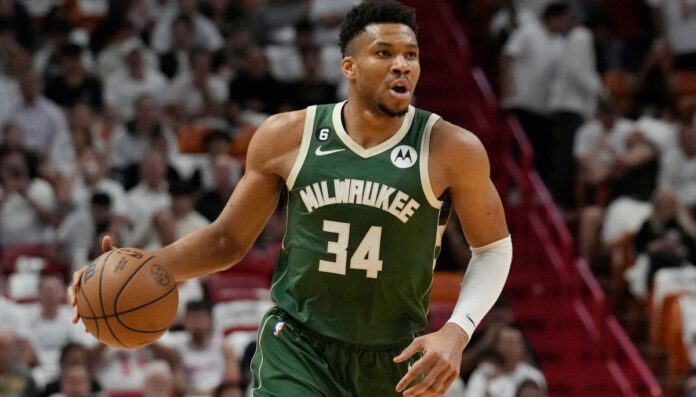 Giannis Antetokounmpo wearing his Bucks jersey