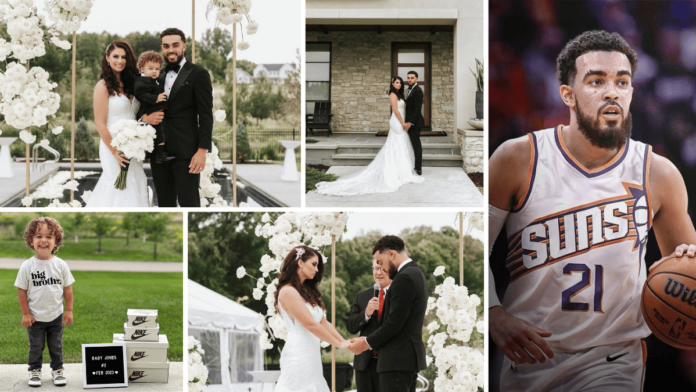 an image collage of Tyus Jones with his wife and son