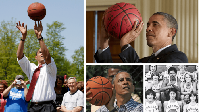 an image collage of barack Obama playing basketball