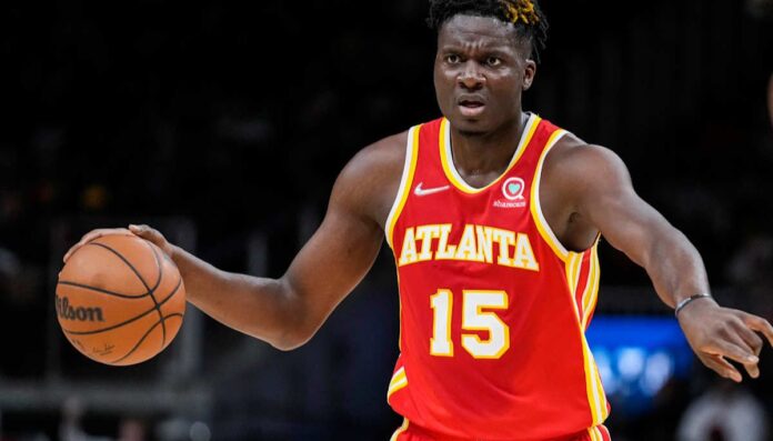 Clint Capela wearing his Atlanta Hawks jersey