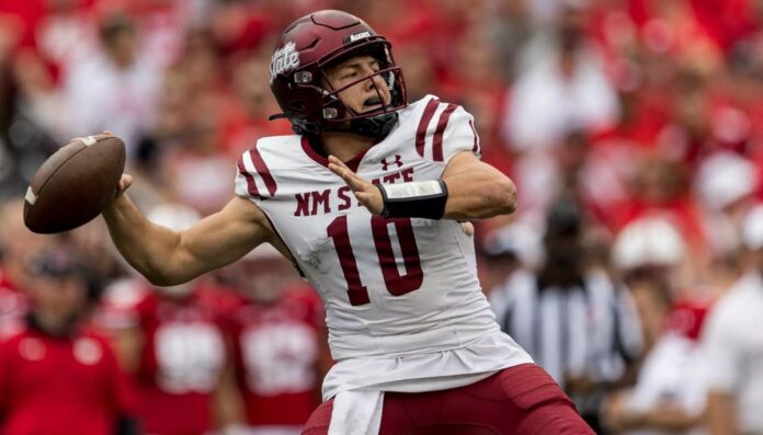 Diego Pavia wearing his New Mexico State jersey