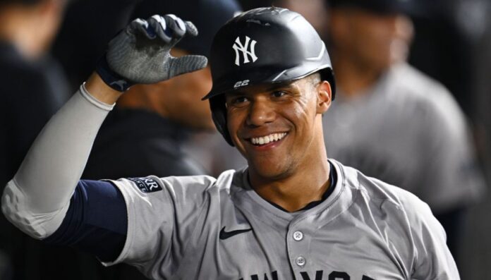 Juan Soto wearing his New York Yankee jersey